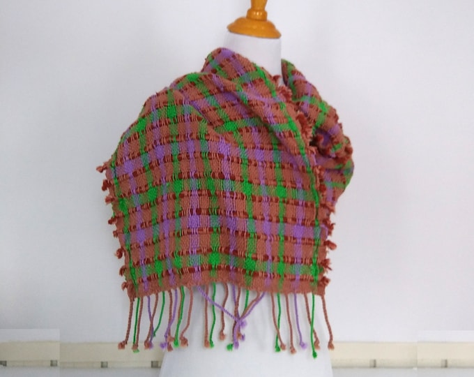 Rustic loose woven cotton shawl hand loomed in tan green and violet