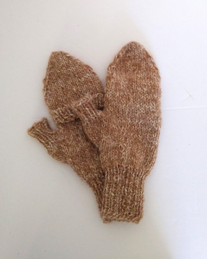 Custom-knit alpaca flip-top mittens, handknit glittens made-to-order from New England raised alpaca, all natural, lightweight, soft and warm Marled brown & white