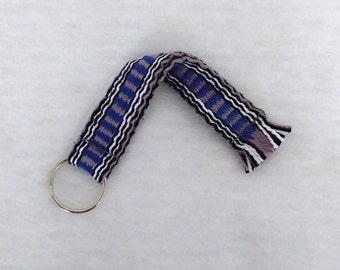 black white blue gray cotton strap with attached ring, handwoven wrist lanyard, keyfob, badge holder, luggage strap, phone tote, quick ship