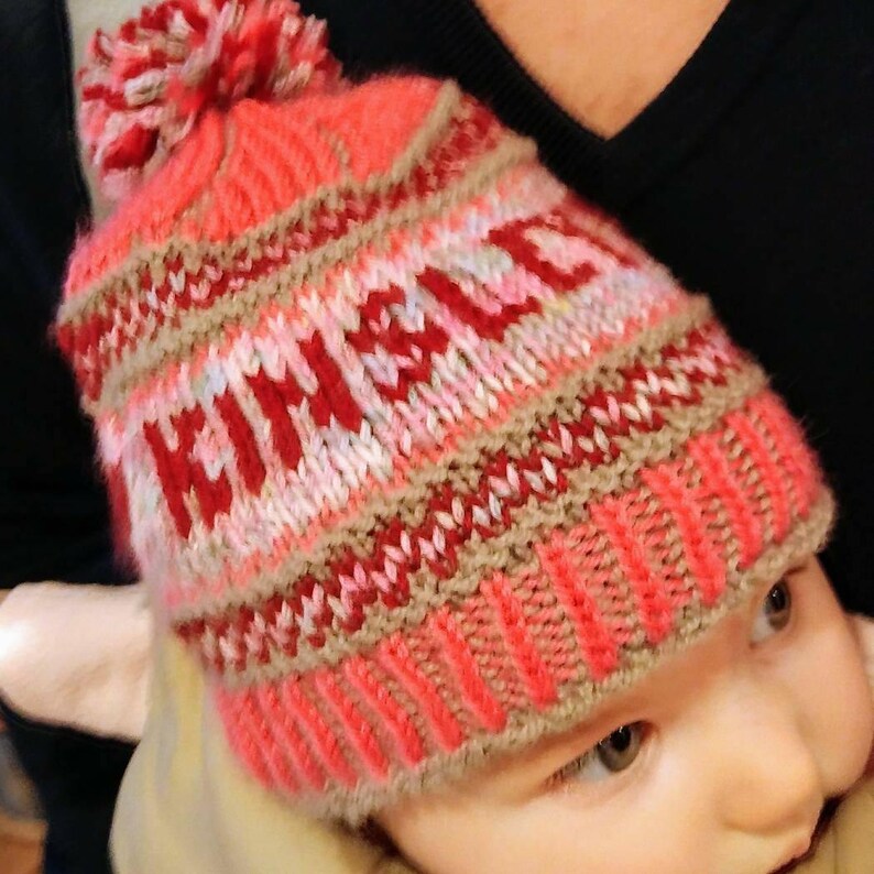 Knit baby girl hat with name, personalized baby girl hat, named baby girl hat, handknit girl hat with pompom, bespoke baby shower gift image 2