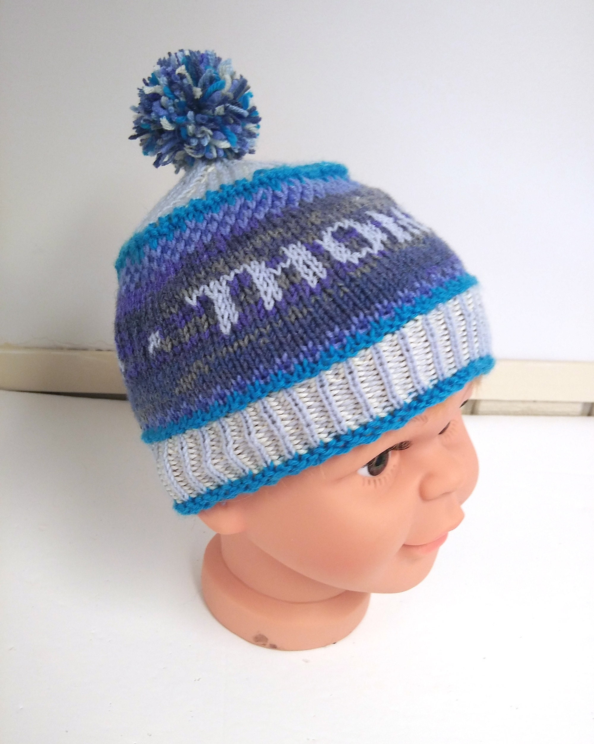 handknit baby boy hat with name, personalized boy pompom hat, custom