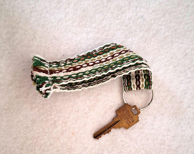 Boho woven keychain in green brown cream chain striped, sturdy cotton garden colors, inkle band , handwoven wrist strap, artisan utilitarian