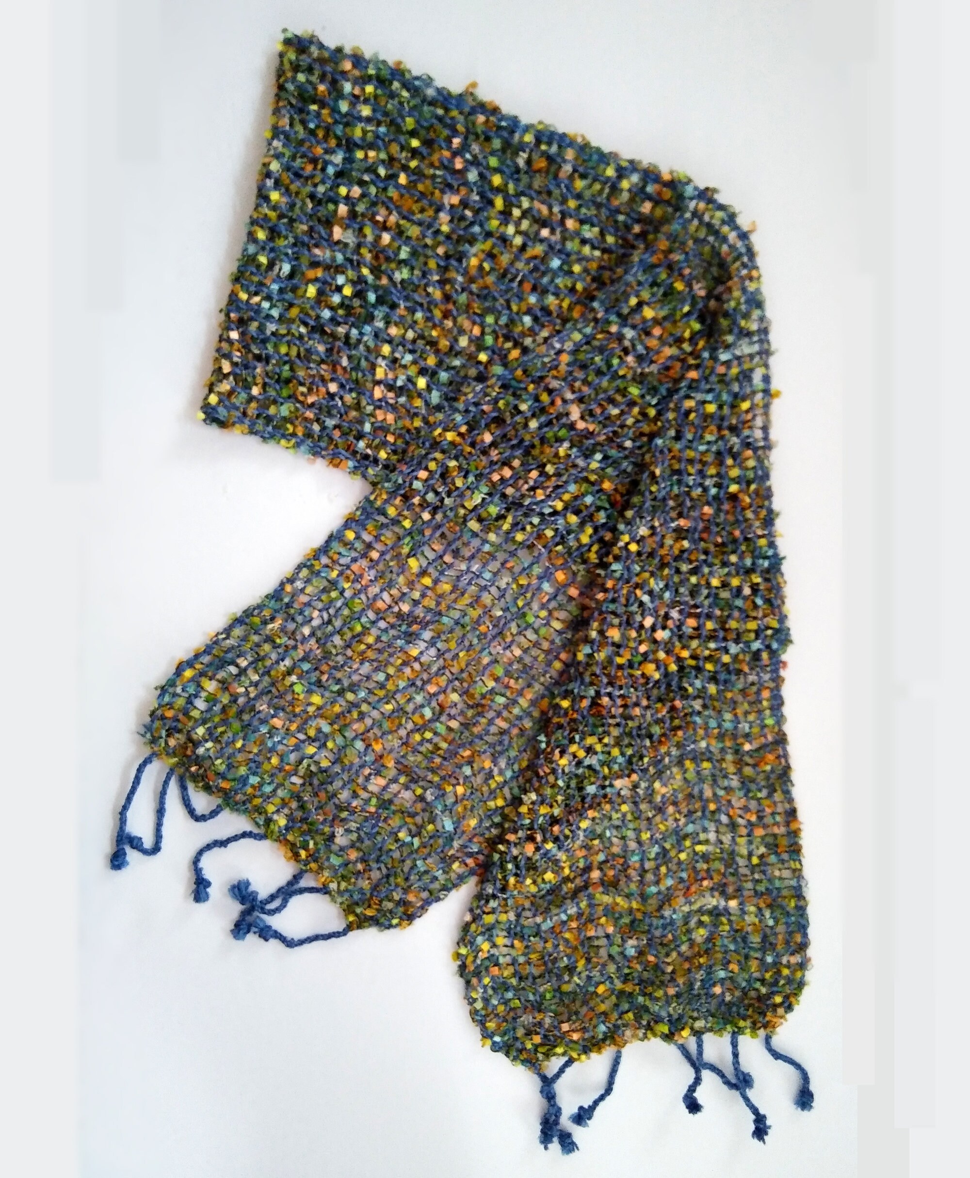 blue and chartreuse handwoven scarf mesh lace hand-loom light sparkly ...