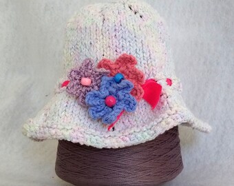 white knit sunhat with custom options handknit eyelet hat for child spring sunhat baby easter hat flowers sweet spring knit hat OOAK
