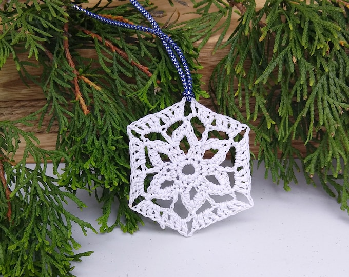 Victorian snowflake crocheted in white cotton with silver sparkle