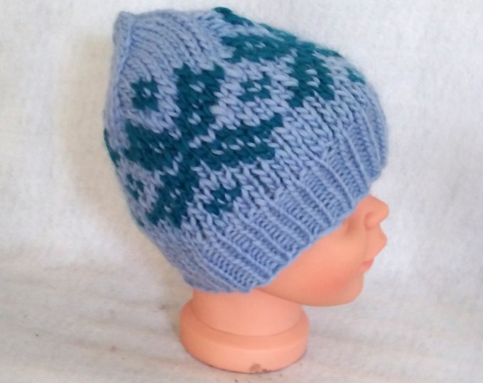 handknit child hat blue nordic snowflake