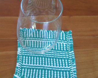 handwoven cotton drink coasters green white, striped mug rug mat, beverage coasters, party coasters, summer coaster set