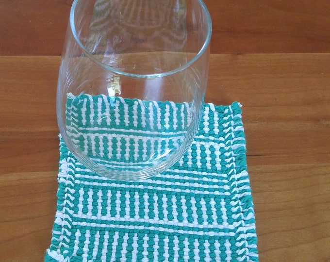 handwoven cotton drink coasters green white, striped mug rug mat, beverage coasters, party coasters, summer coaster set