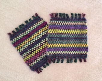 Handwoven coasters in jewel toned wool, lightly felted mug-rugs, colorful patches, home decor gift idea, purple yellow green stripes