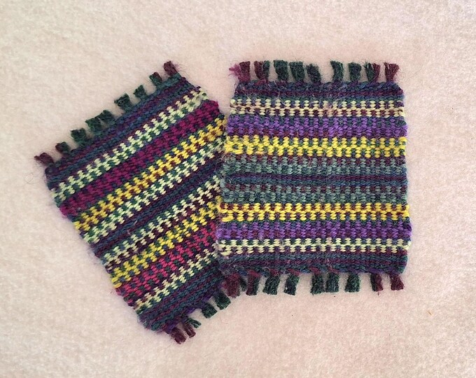 Handwoven coasters in jewel toned wool, lightly felted mug-rugs, colorful patches, home decor gift idea, purple yellow green stripes