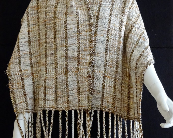 hand-woven striped shawl in beige and brown, rustic style loomed lap blanket with cream tan brown stripes