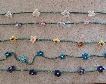 Crocheted daisy chain, hanging flower garland, kids room decoration, garden party birthday shower decor, 60" long w 12 flowers on green cord