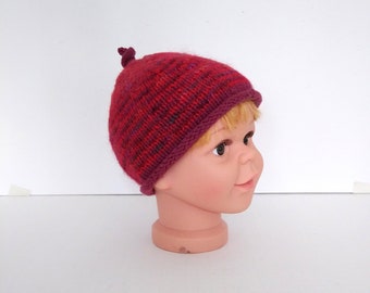 handknit red striped beanie with rolled brim for child