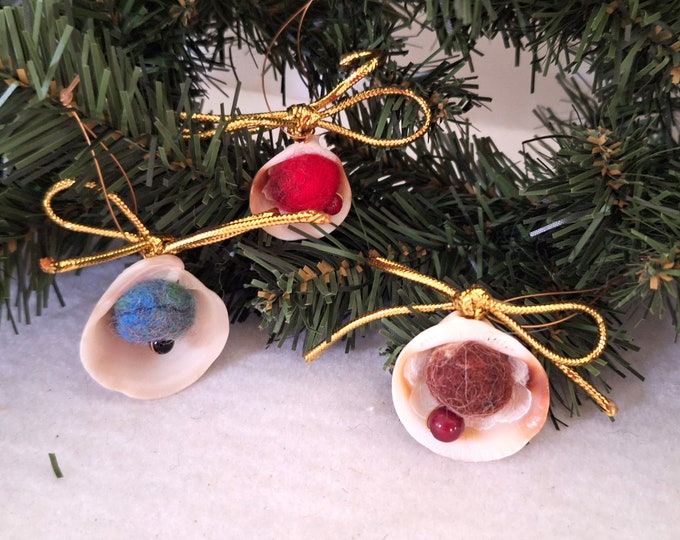 Hand-felted "pearl" in a seashell, nature inspired rustic ornament, wool felt bead with beach found seashell, holiday decor, beach memories