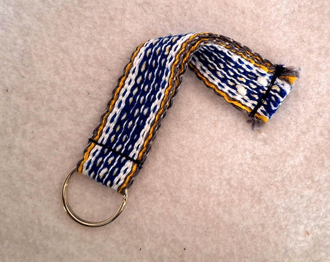 Boho woven keychain in blue yellow white sturdy cotton, handwoven inkle band wrist strap, handsome artisan utilitarian gift, 5 inches long