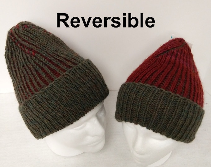 One hat, two looks, three sizes, hand-knit reversible watch cap with roll-up brim, camo green and dark red winter hat in wool, ready to ship