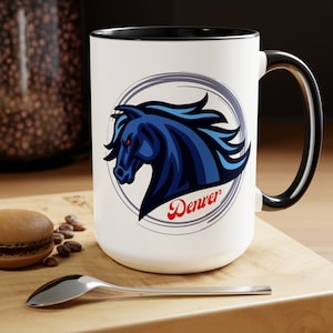 Denver Blue Mustang - Two-Tone Coffee Mug, 15oz - Colorado Ceramic Drink Cup Glassware Christmas gift