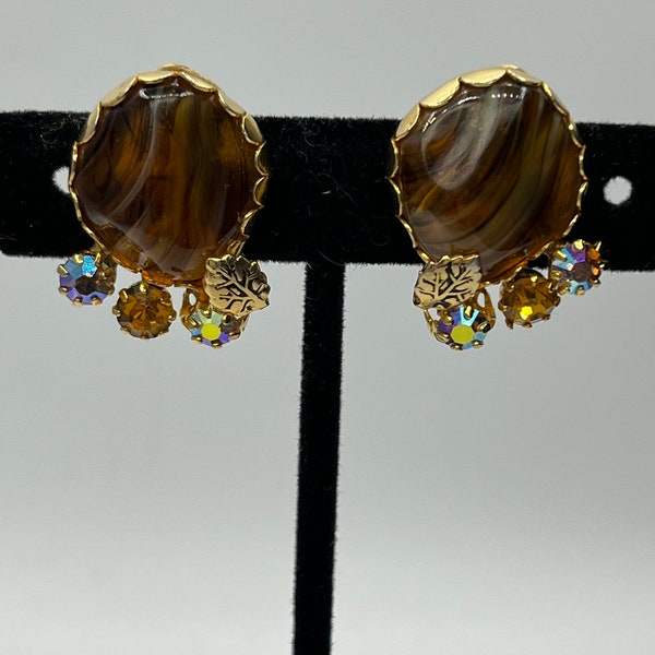 Fabulous Kramer Amber Molded Glass and Aurora.  Borealis Earrings