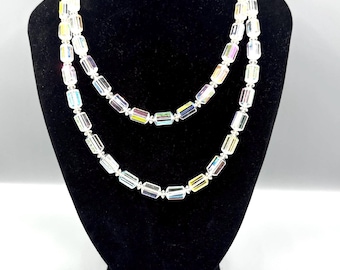 Vintage Czech Aurora Borealis Crystal Necklace, Octagon Tubular Beads