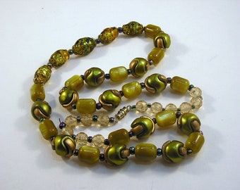 Lemony Olive Green Foiled Satin Glass Bead Necklace, 1940s Murano Style, 26 Inch Length