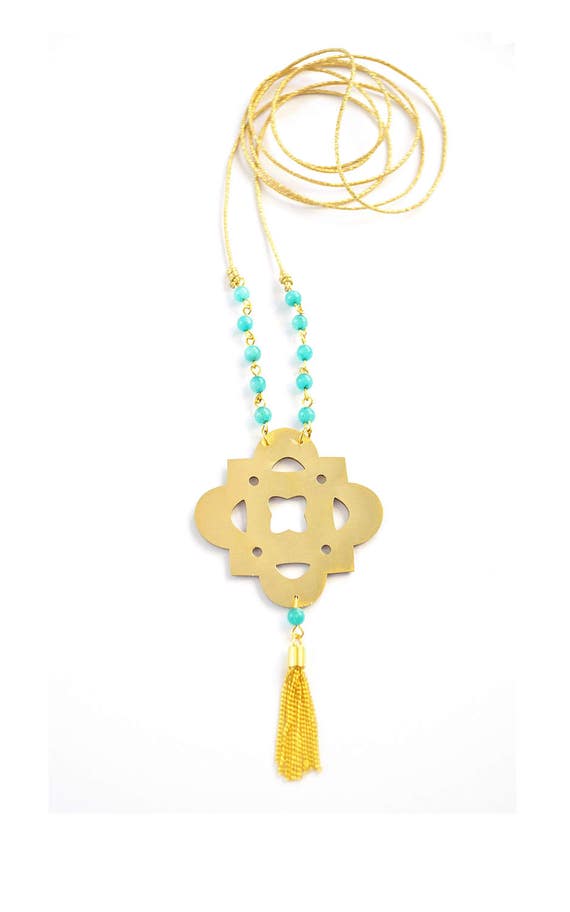 Items similar to Damask long necklace with metallic tassel and nephrite stones! on Etsy