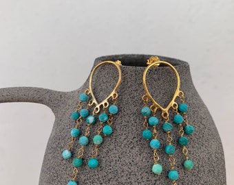 Drops shape gold earrings with small turquoise stones! Christmas gift idea!