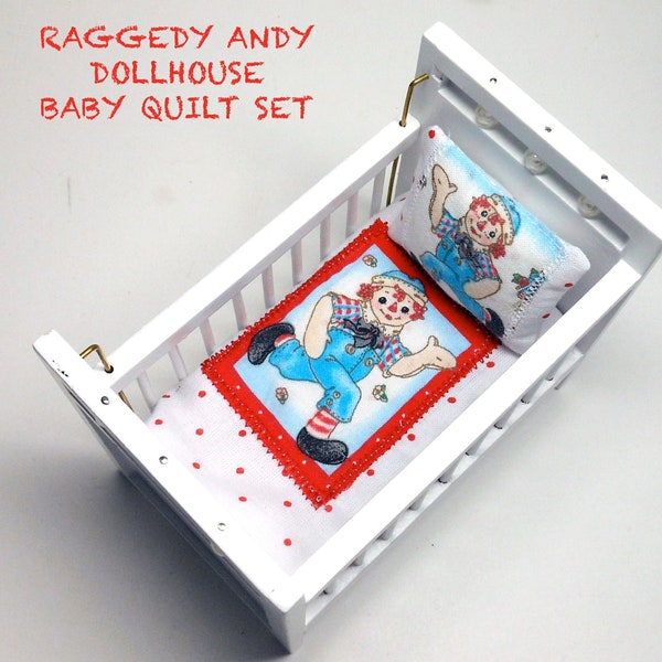 Raggedy Andy Dollhouse Baby Quilt and Pillow Set,  Crib or Cradle, Nursery,  Handmade, 1/12th Scale