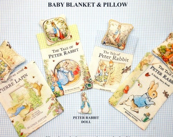 Peter Rabbit Dollhouse Baby Blanket & Pillow Set, Crib or Cradle, The Tale of Petter Rabbit Book Cover Design, Peter Doll, 1/12th Scale