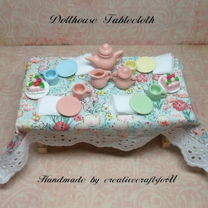 Dollhouse Tablecloth & Napkins, Cotton Fabrics, Pretty Floral Design, Eyelet Embroidery, Easter or Passover, 1/12th Scale OOAK
