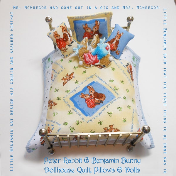 Beatrix Potter, Peter Rabbit Dollhouse Quilt, 3 Pillows +Peter Rabbit-Benjamin Bunny Dolls, Patchwork Quilt, Cute Story Print Fabric, 1/12th