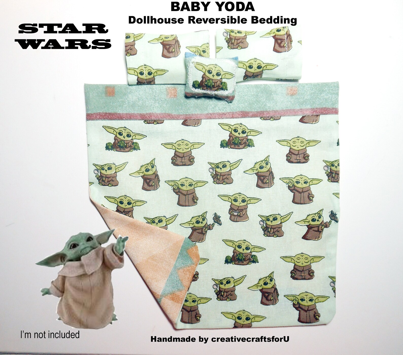 Dollhouse Baby Yoda Reversible Bedding Set 3 Pillows Star Etsy