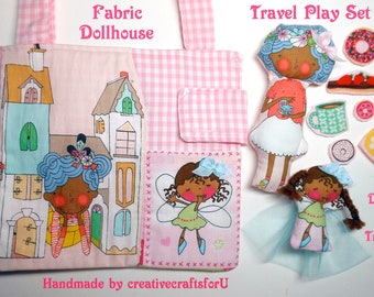 Fabric Dollhouse, Travel Play Set, African American Dolls, Treats, Storeage Pockets, Interactive Quiet Toy, Handmade, OOAK