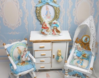 Beatrix Potter peter Rabbit Dollhouse Nursery Set Dressed Canopy Cradle Dresser Rocking Chair Dollhouse Nursery 1 12th Scale Etsy