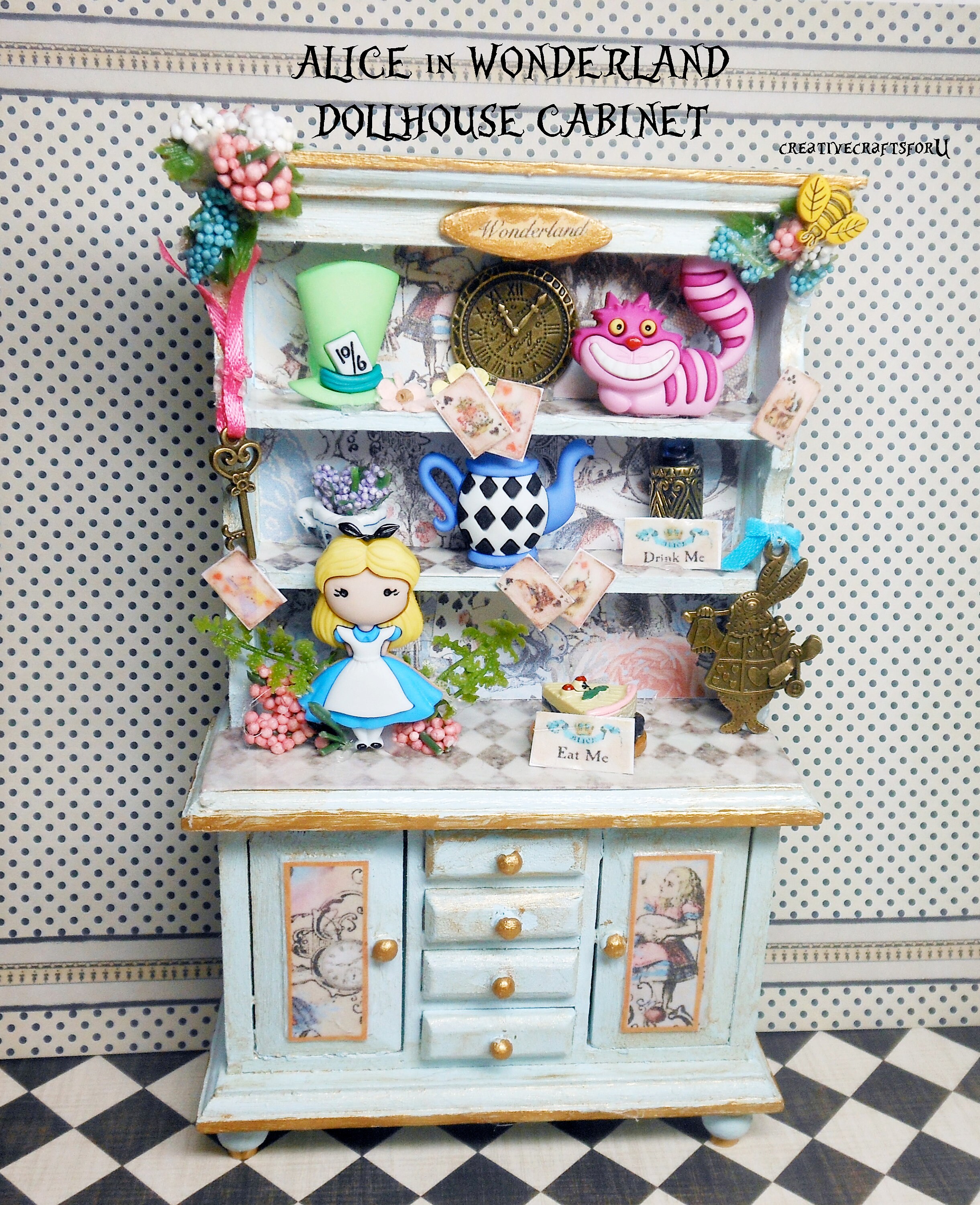 Dollhouse Alice in Wonderland Filled Hutch Cabinet Cheshire Cat