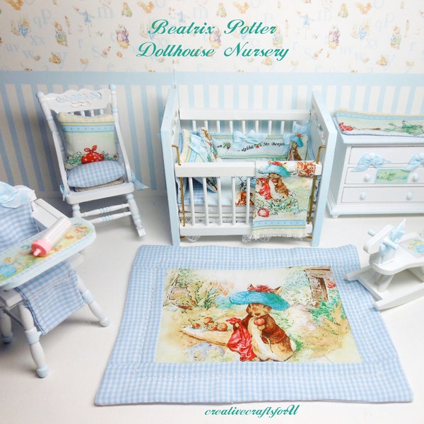 Beatrix Potter-Peter Rabbit Dollhouse Nursery Set, Dressed Crib, Changing Table, Rocking Chair, Horse, High Chair, Play Mat, 1/12th Scale