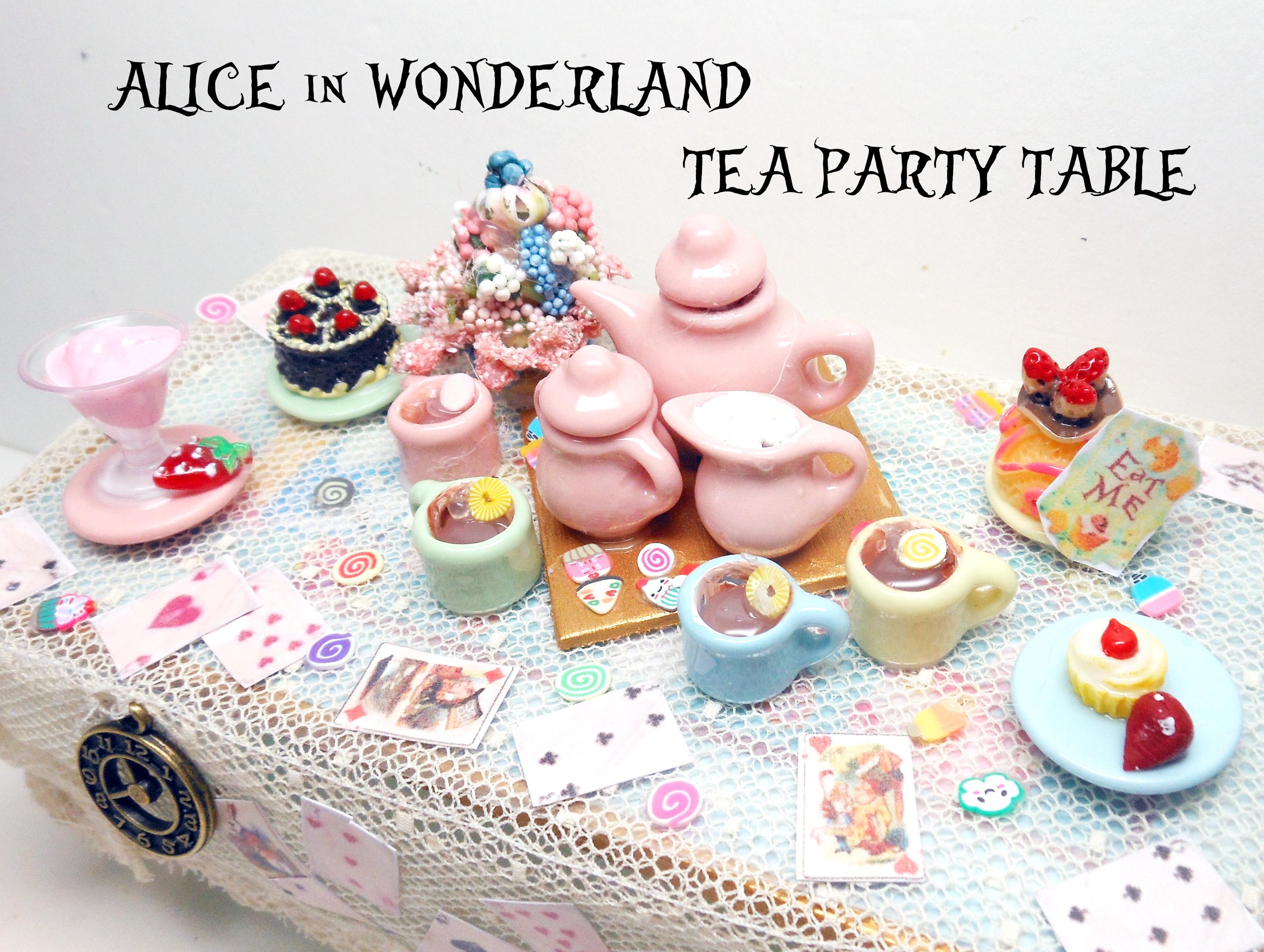 Alice in Wonderland Dollhouse Tea Party Table, Chairs, Tea Pot