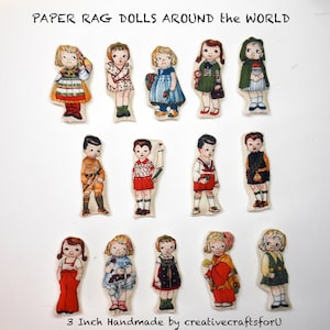 Dollhouse Rag Dolls, 3&quot; Rag Doll, Tiny Rag Dolls, Hand Sewn, &#39;Paper Dolls&#39;, Rare Out of Print Fabric, Around the World,  Sold in Group of 2