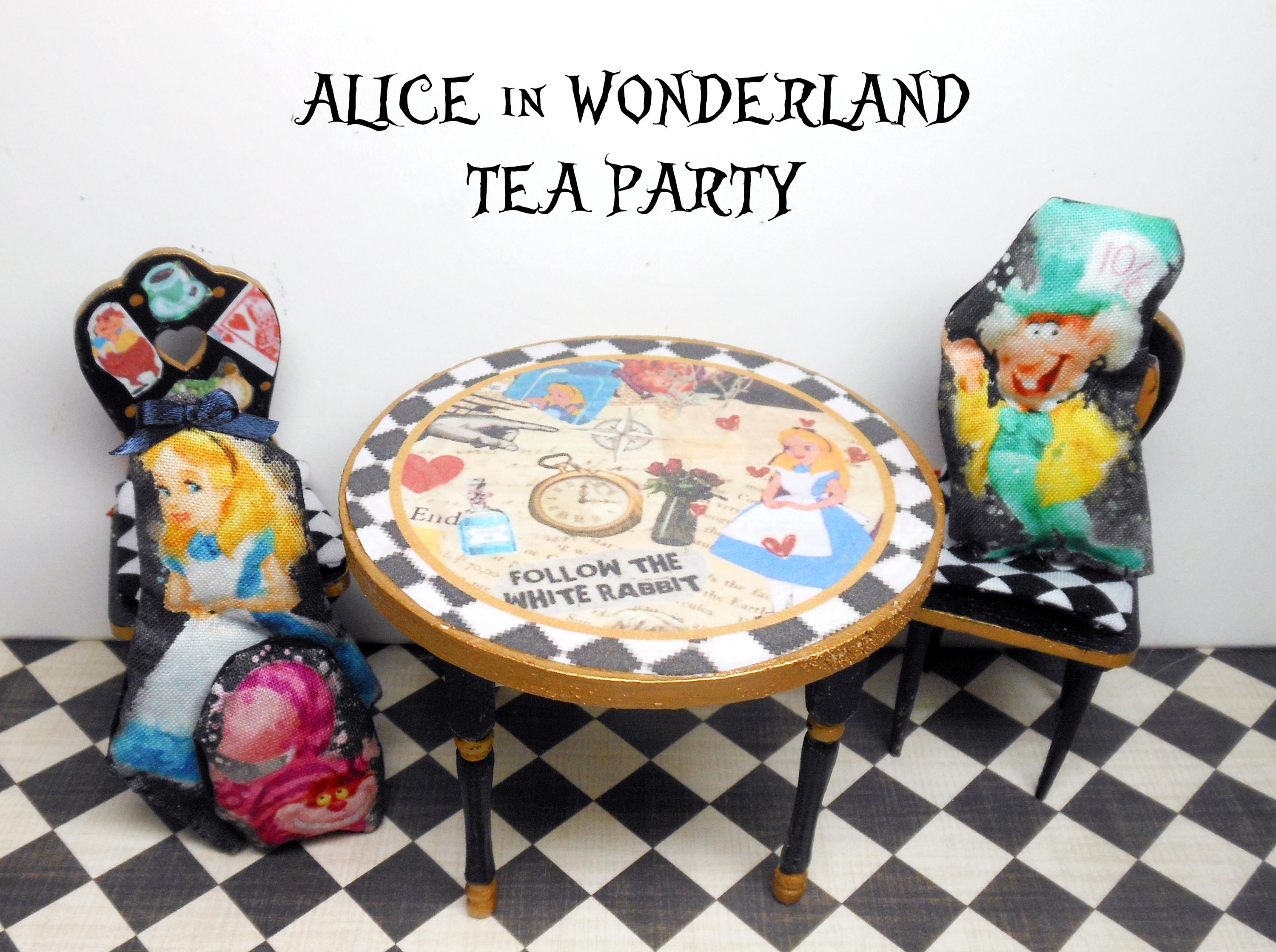 Alice in Wonderland Dollhouse Tea Party Table, Chairs, Cups 