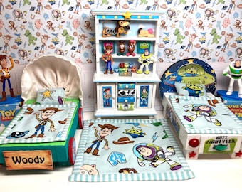 Dollhouse Toy Story Bedroom Set,  Woody & Buzz, Dressed Beds, Filled Cabinet, Cubes, Filled Toy Box, Rug, Dolls , 1/12th Scale, OOAK