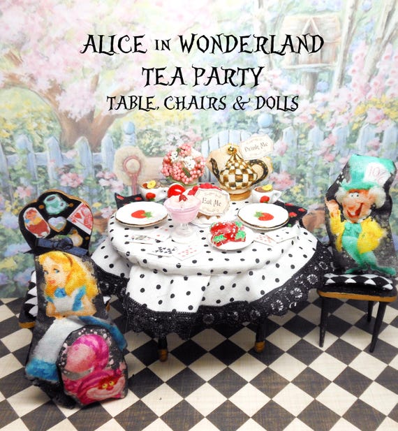 【不思議の国のアリス】✦Wonderland Tea Party〜♪ドールハウス Alice in Wonderland Dollhouse Tea Party Table, Chairs, Cups