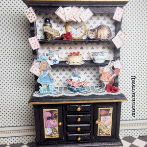 Dollhouse Alice in Wonderland Filled Hutch, Cabinet, Cheshire Cat, Cake, Alice,  Whte Rabbit, Clock, Potion, Flowers, Cards, 1/12th scale