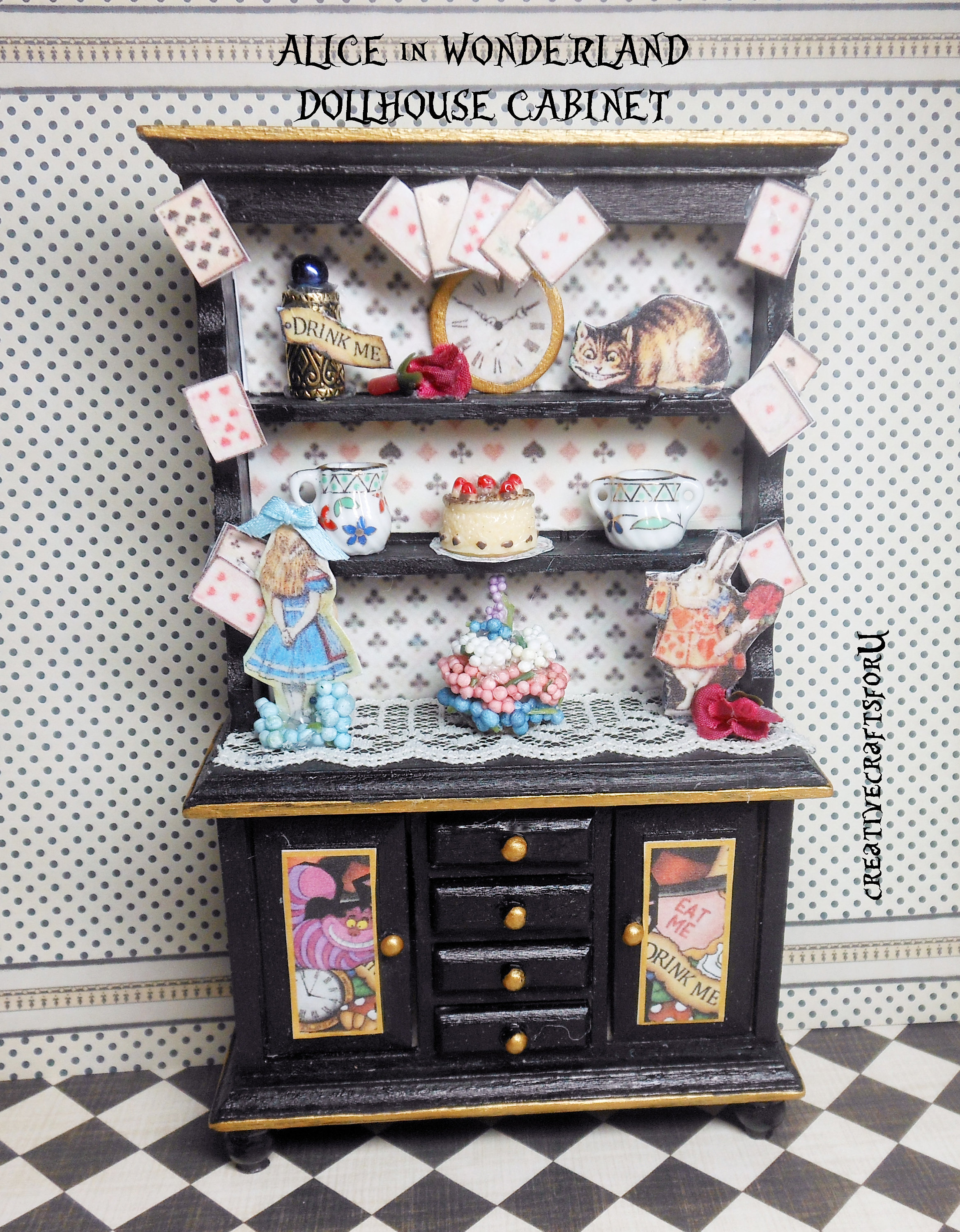 Dollhouse Alice in Wonderland Filled Hutch, Cabinet, Cheshire Cat
