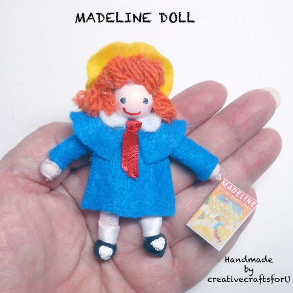 Madeline Tiny Doll, 3" Tall, Yellow Hat, Blue Coat, Bendable, Dollhouse Doll, So Cute, Collectible, Handmade, Toy Doll