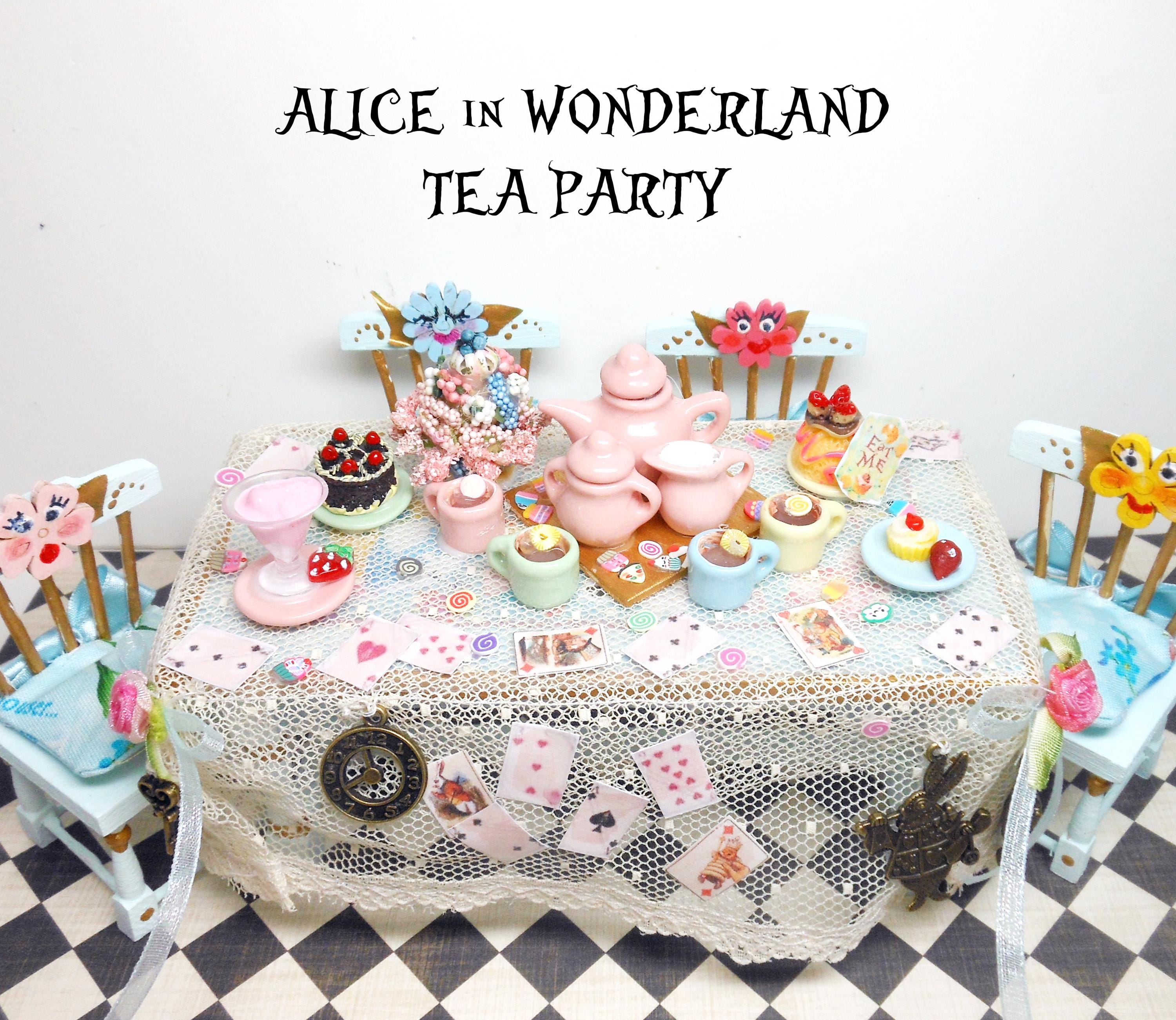 Alice in Wonderland Dollhouse Tea Party Table, Chairs, Tea Pot