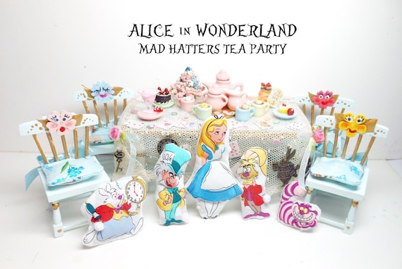 Alice in Wonderland Dollhouse Tea Party Table, Chairs, Tea Pot