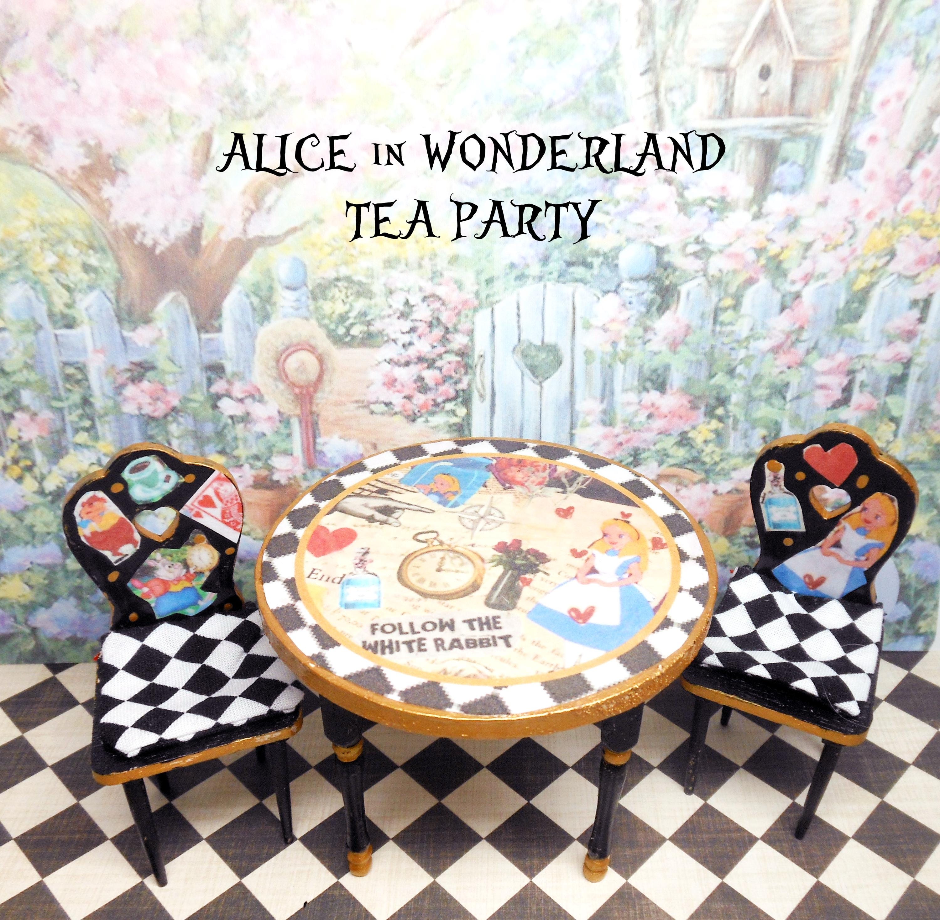 Alice in Wonderland Dollhouse Tea Party Table, Chairs, Cups