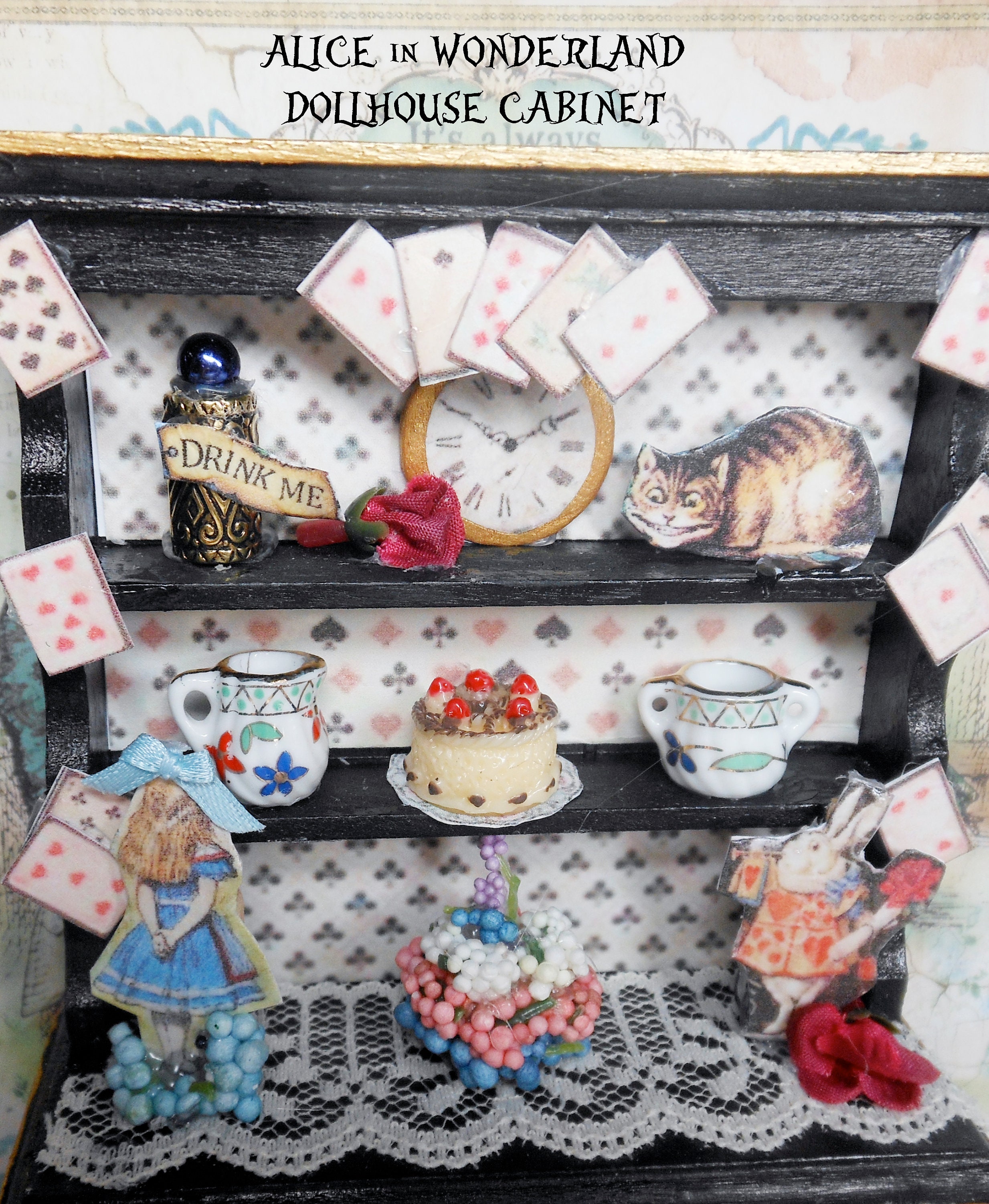 Dollhouse Alice in Wonderland Filled Hutch, Cabinet, Cheshire Cat