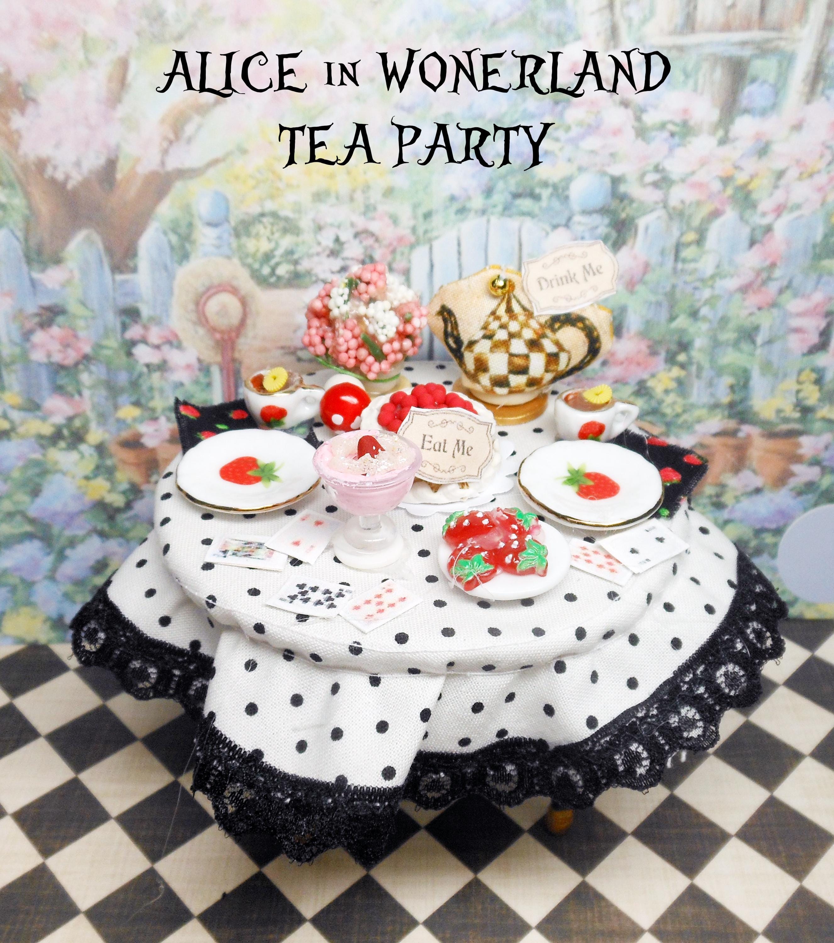 Alice in Wonderland Dollhouse Tea Party Table, Chairs, Cups