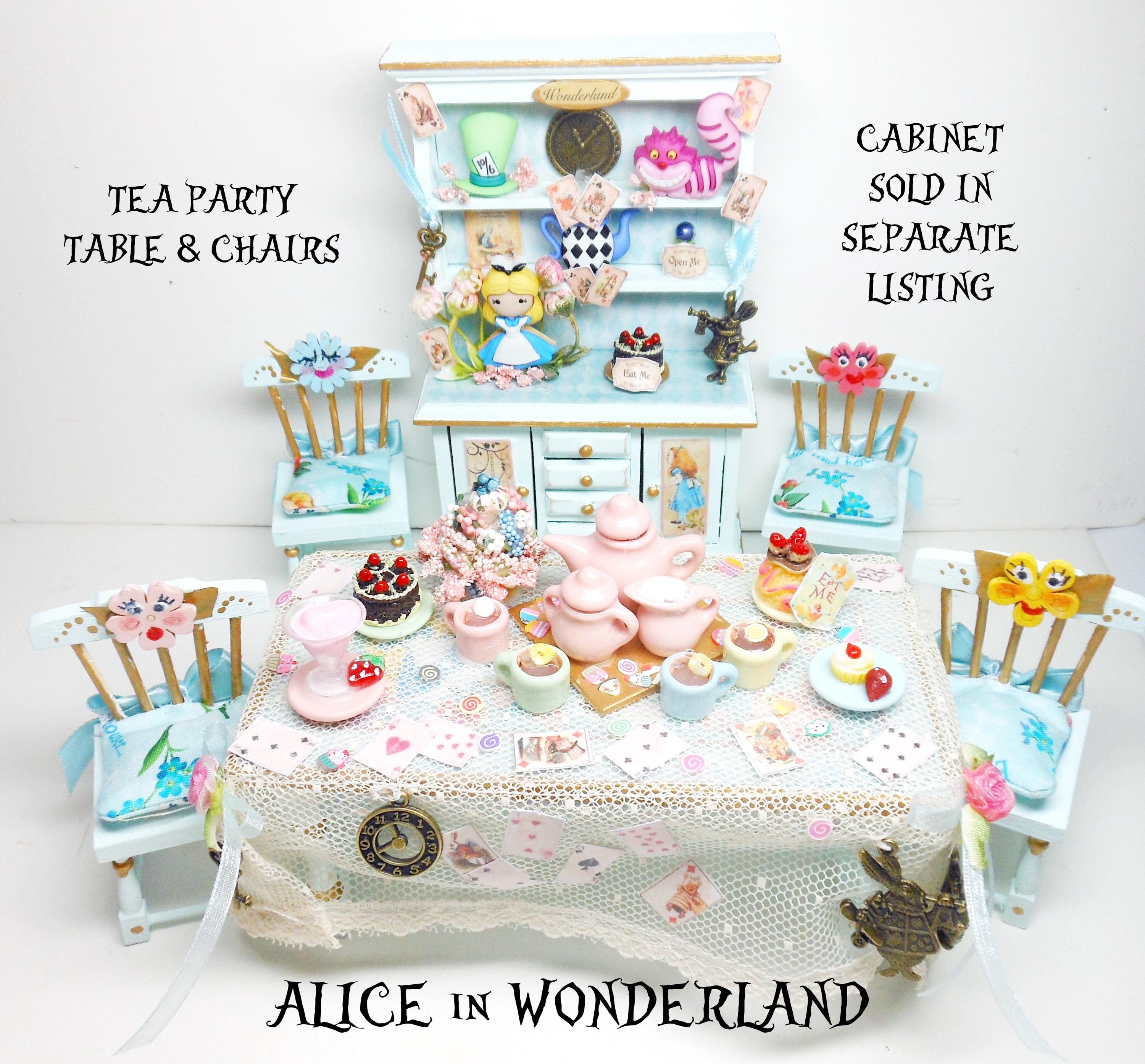 Alice in Wonderland Dollhouse Tea Party Table, Chairs, Tea Pot