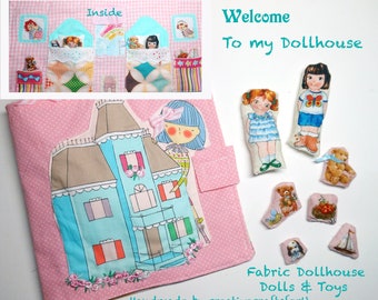 Fabric Dollhouse, Travel Play Set, Dolls & Toys, Storeage Pockets, Interactive Quiet Toy, Handmade, OOAK